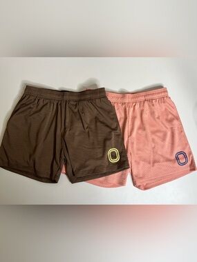 Pair of Overtime OT Classic Mesh Shorts Coral, Brown - Size Medium